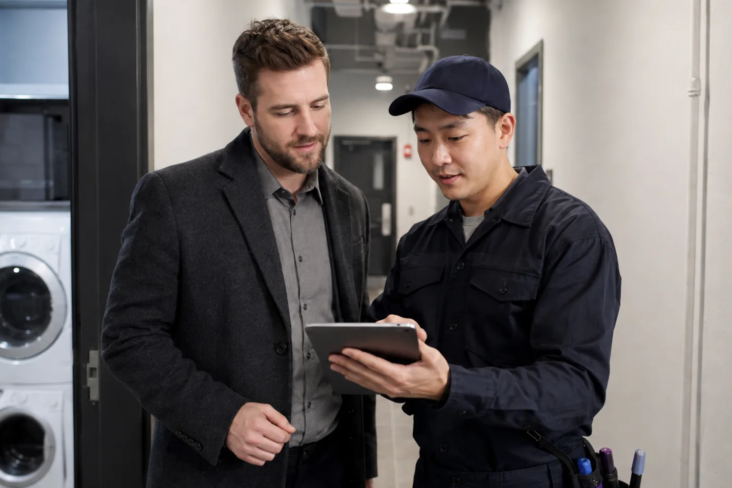 Technician and property contact reviewing appliance and service information